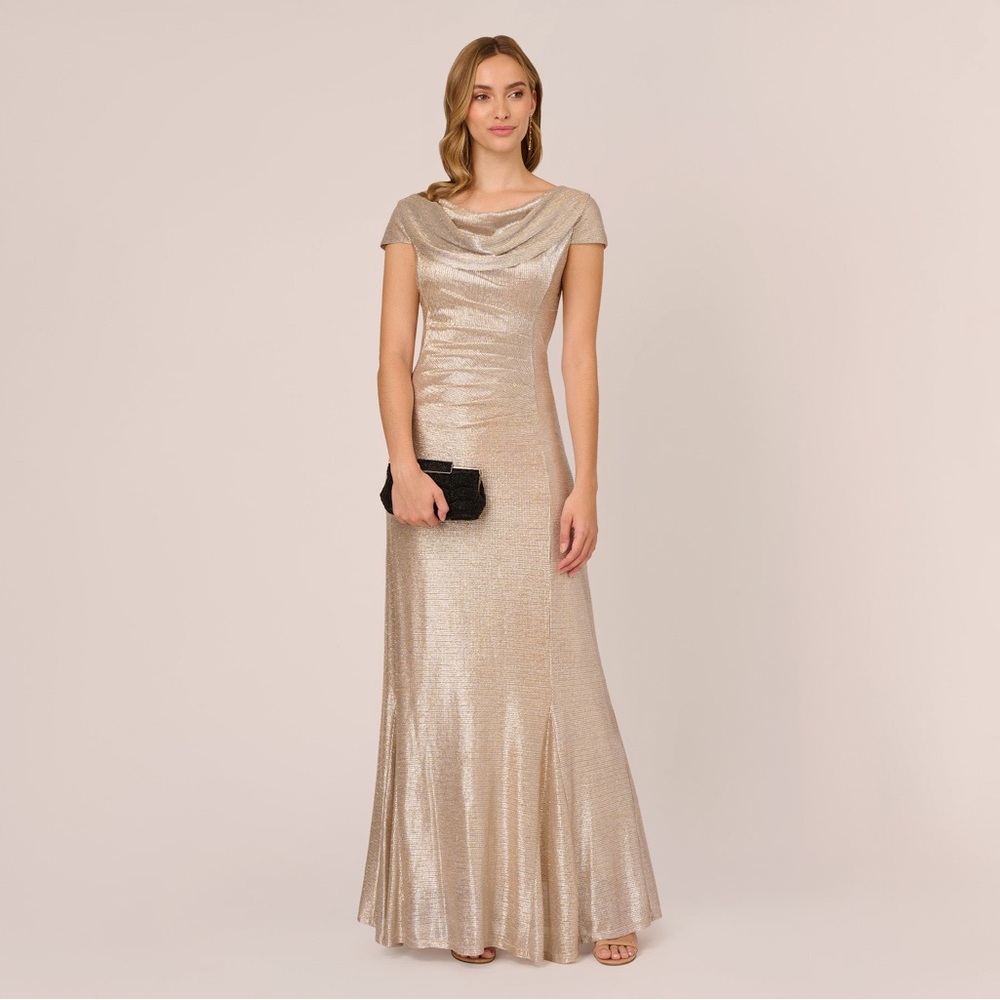 Adrianna Papell Gold Metallic Gown SZ 12 NWT Formal Evening MOB GALA Cap Sleeves